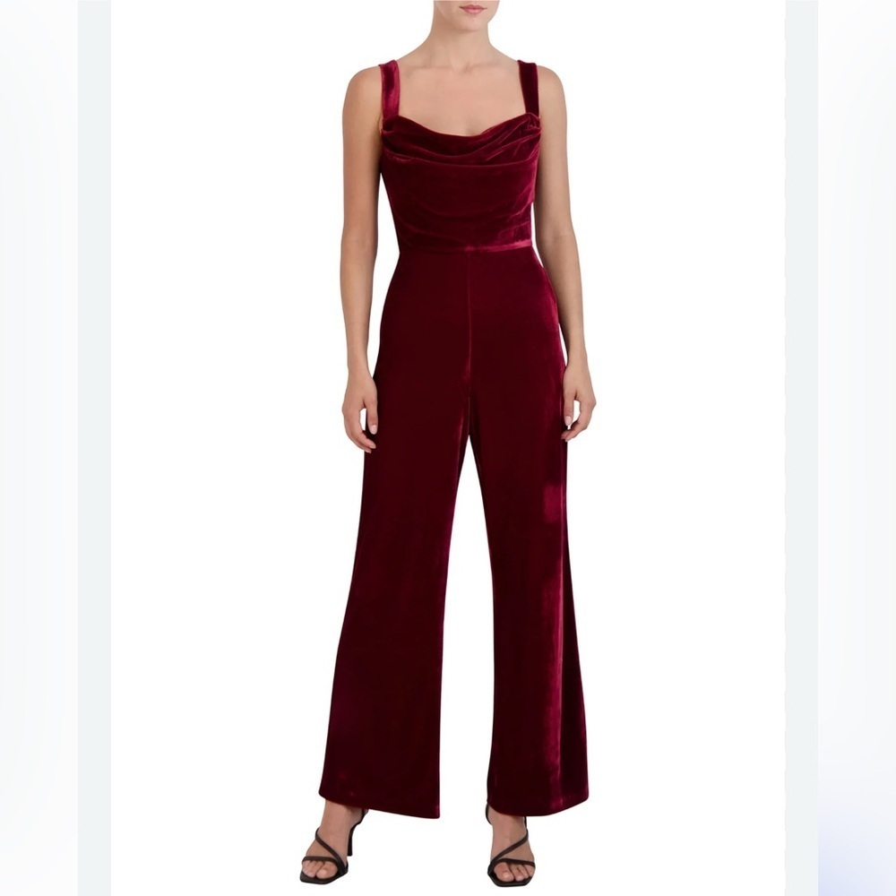 BCBG Paris Velvet Jumpsuit | Burgundy Cowl Neck Holiday Party Evening Outfit M